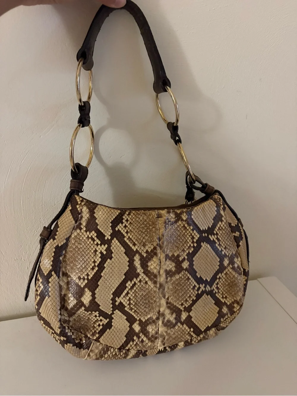 Yves Saint Laurent Brown and Tan Snake-Print Hobo with Gold Rings